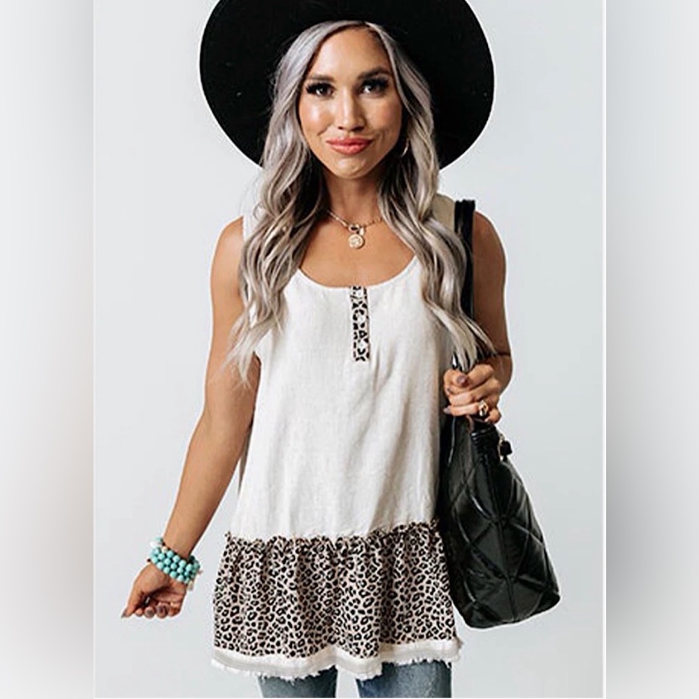 Leopard Color Block Frill Trim Tank Top